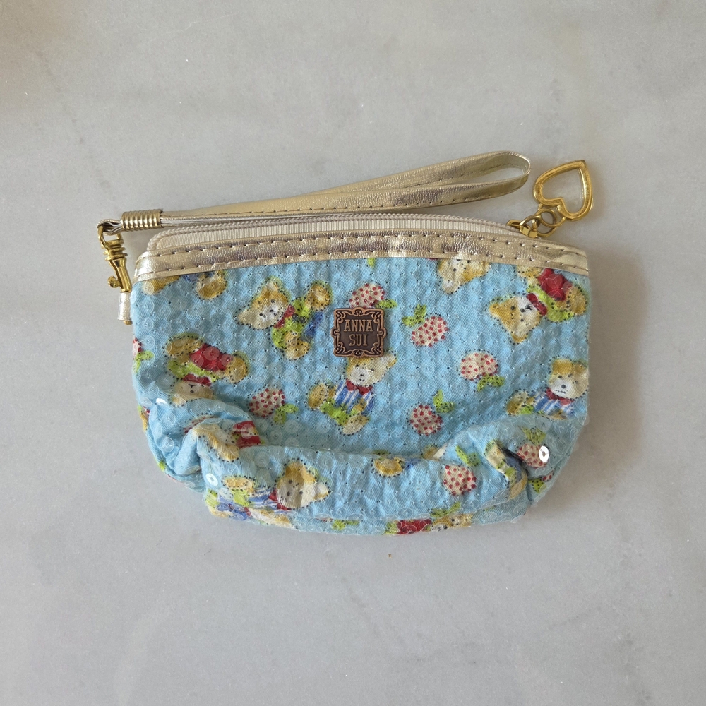 Anna Sui Blue Teddy Bear Pouch with Gold Accents